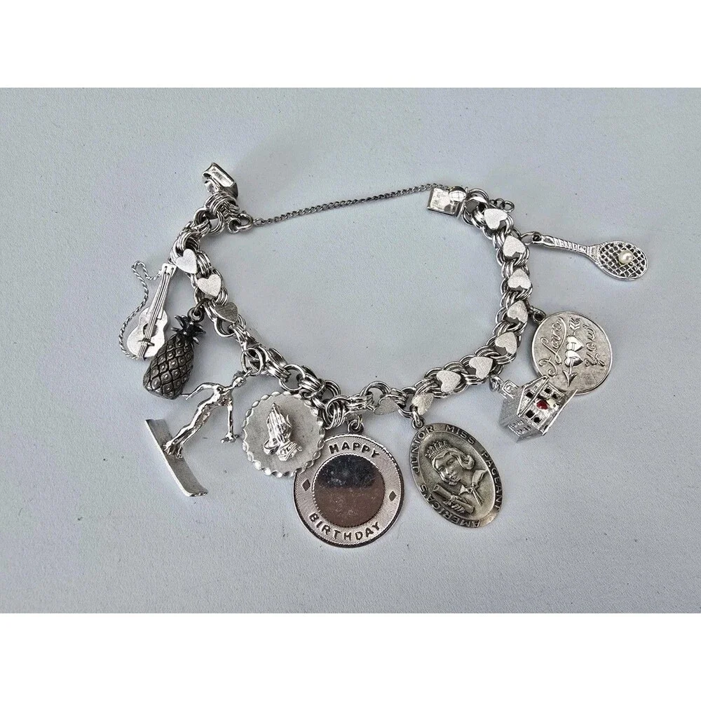Vintage JB Jacoby Bender Sterling Silver Hearts Charm Bracelet Skater Guitar